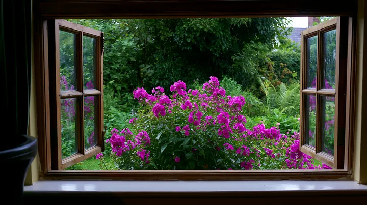 Bright phlox flowers fill the garden view seen from a cottage window.