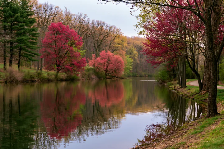 Bright pink and green trees line a calm country road near a lake.
