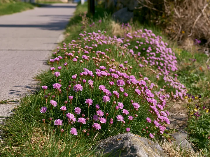 Bright pink flowers grow along a pathway, creating a natural border on the island.