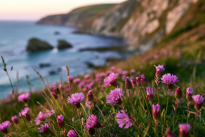 Bright pink flowers grow on the edge of an island with flowers and white cliffs.
