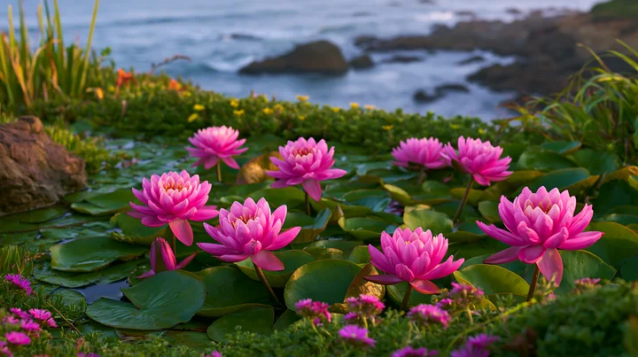 Bright pink flowers surround a natural pond that is near the ocean.