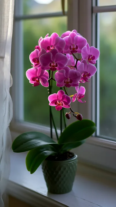 Bright pink orchids bloom on a windowsill, illuminated by sunbeams coming through the glass.