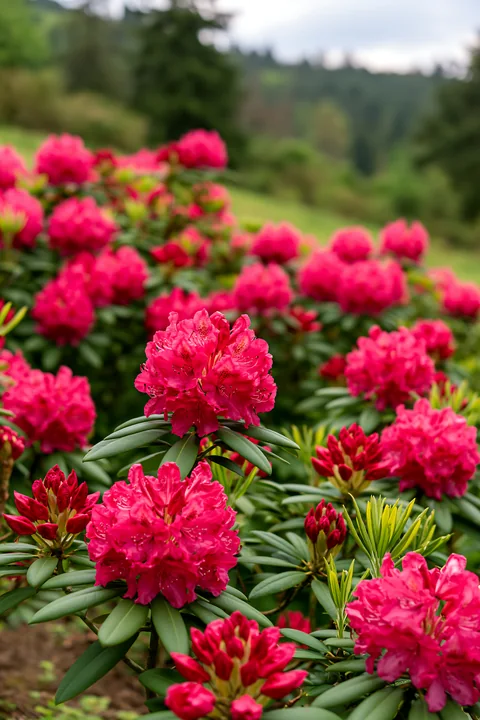 Bright pink rhododendrons bloom on a hillside, creating a colorful scene surrounded by green foliage and hills under a cloudy sky.