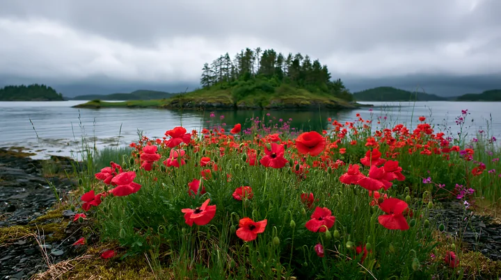 Bright red flowers bloom near the shoreline of an island with trees, set against a gray sky after rain.
