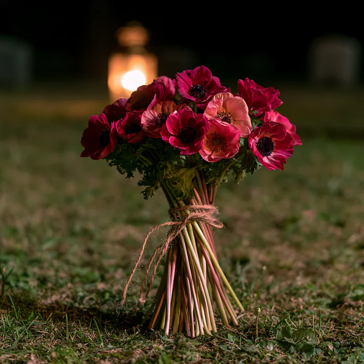 Bright spring flowers rest at soldiers' graves, illuminated by candlelight under a clear night sky.