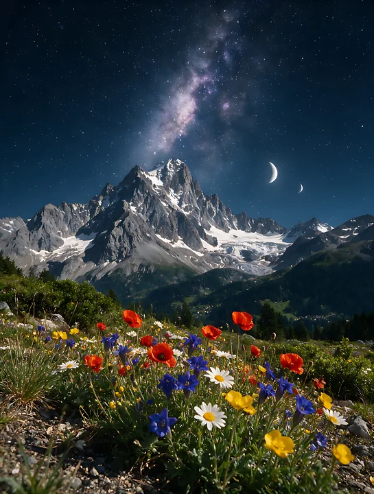Bright stars fill the sky above a Swiss mountain landscape, where colorful flowers bloom in the foreground.