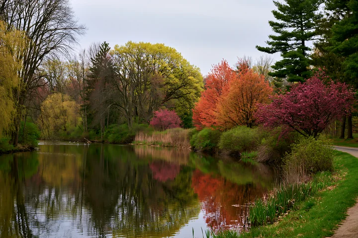 Bright trees in various colors line the road near a calm body of water.