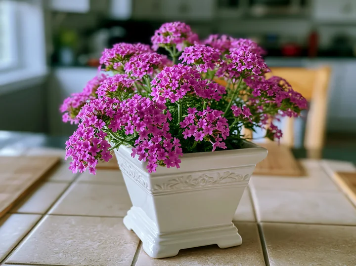 Bright verbena flowers in a white container sit on a kitchen table.