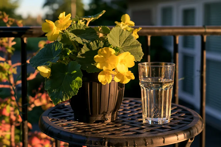 Bright yellow begonia flowers sit in a black pot on a balcony table beside a glass of water.