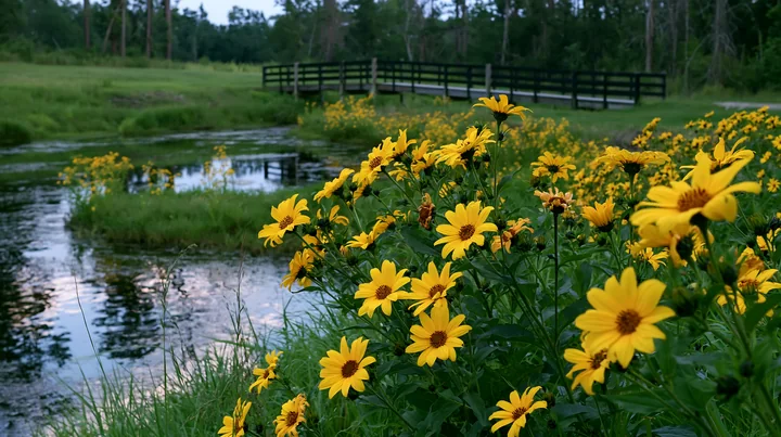 Bright yellow flowers bloom around a natural pond with a wooden bridge in the background.