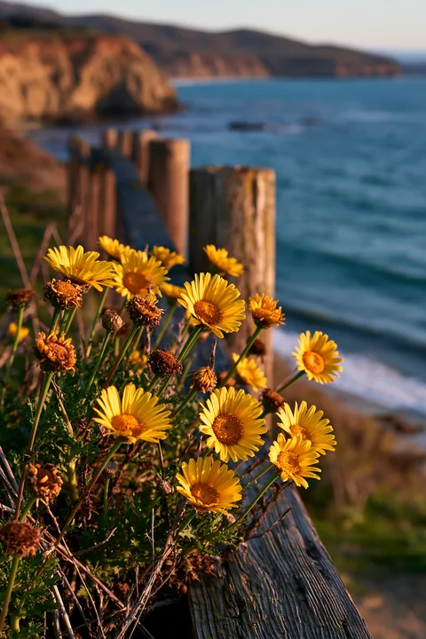 Bright yellow flowers grow near a wooden fence overlooking the coastline.