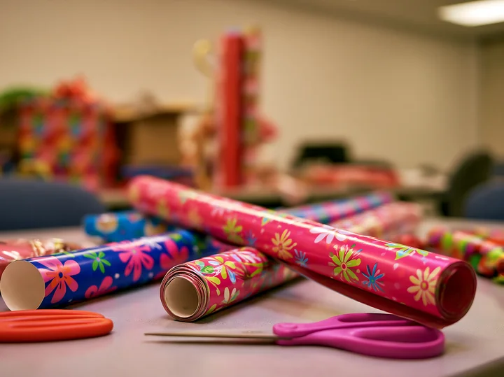 Brightly colored birthday wrapping paper and scissors are seen on a table in a workspace.