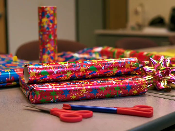 Brightly colored birthday wrapping paper is stacked on a table next to scissors.