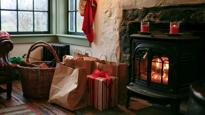 Brown shopping bags and a gift box are by a fireplace in a rustic room.