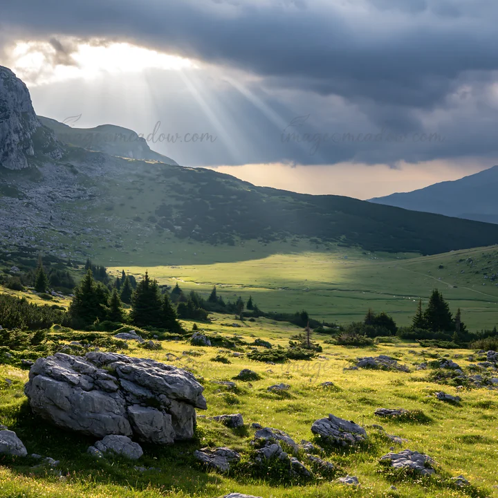 Light rays shine through clouds over a green meadow in the Bucegi Mountains. Rocky formations and trees are visible in the landscape, creating a natural setting