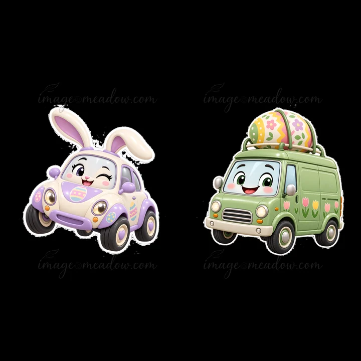 Two cartoon vehicles are racing together. On the left is a small purple car with bunny ears. On the right is a green van carrying a decorated Easter egg on its