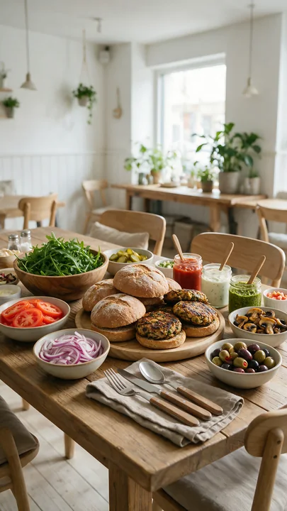 Burger buffet setup with buns, vegetable patties, sauces, and fresh toppings on a wooden dining table.