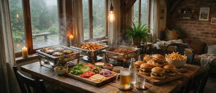 Burger buffet setup with cheeseburgers, fries, toppings, and hot dishes on a rustic table indoors.