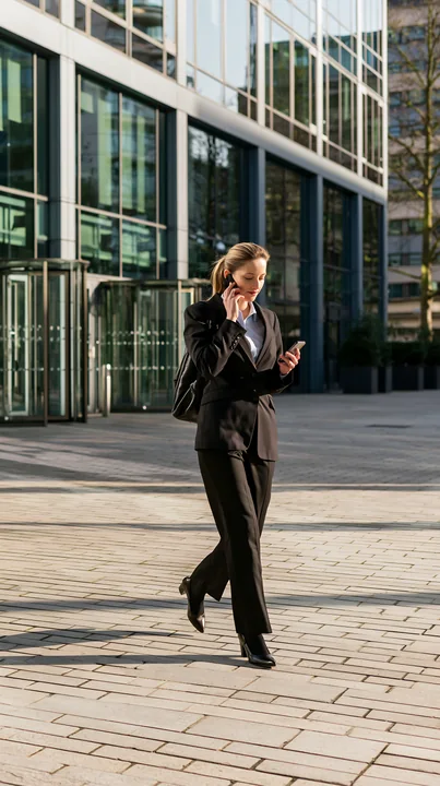 Businesswoman in a black suit walks outside a modern office building while using a smartphone.