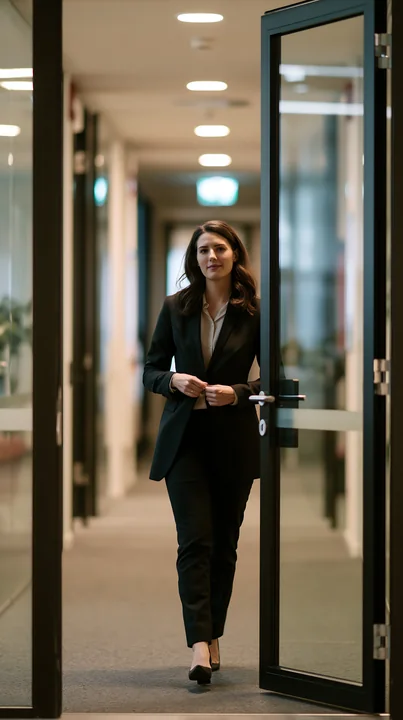Businesswoman in a dark suit walks through a glass door in a contemporary office hallway.