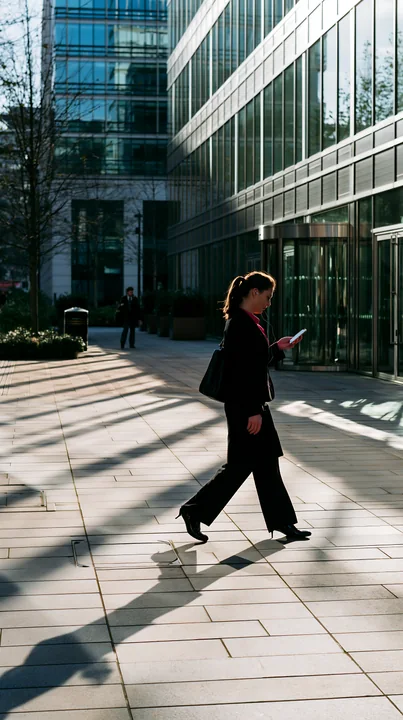 Businesswoman walks outside a modern glass office building while looking at her smartphone.