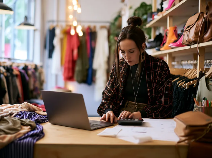Businesswoman works on a laptop and calculator at a clothing boutique counter.