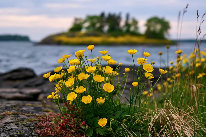 Buttercups bloom brightly along the rocky shoreline, with a distant island covered with buttercups visible in the background.