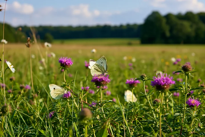 Butterflies gather around blooming flowers in a meadow recovering after mowing under a bright sky.