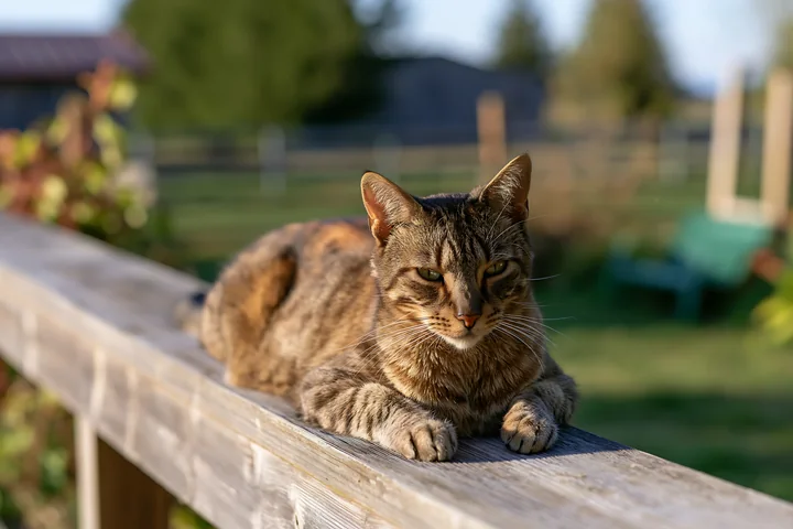 California Spangled cat resting on a wooden fence with a softly blurred rural background.