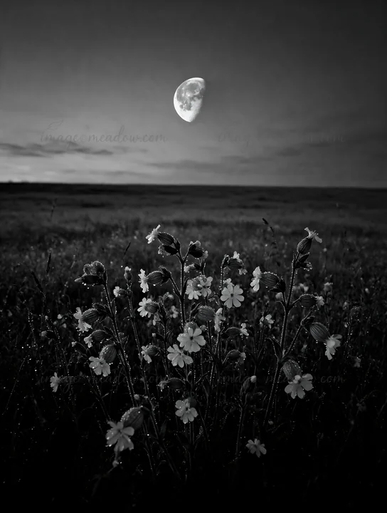 A meadow filled with Campion bellflowers stands under a clear night sky. The moon shines brightly above, creating a calm setting as twilight sets in on the land