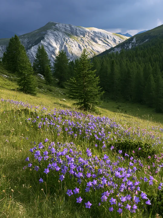 A meadow filled with campion bellflowers grows near a mountain range. The scene shows green grasses and tall trees surrounding the purple flowers against a back