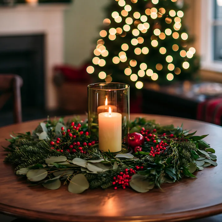 Candle centerpiece with evergreen branches, red berries, and a softly blurred Christmas tree on a wooden table.