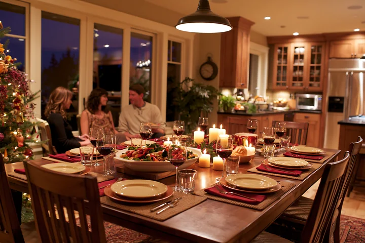 Candlelit holiday dining table set with food and wine glasses, while three people sit near a decorated Christmas tree.