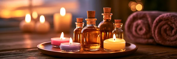 Candles and small glass bottles filled with essential oils sit on a wooden plate in a cozy indoor setting, creating a warm atmosphere perfect for relaxation.