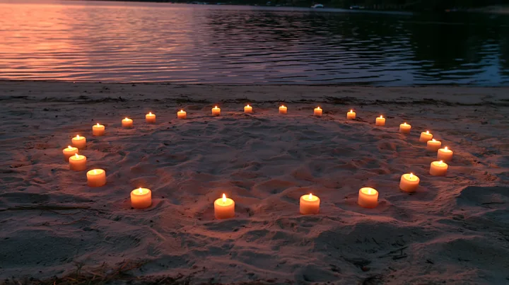 Candles arranged in a circle are placed on the sand by a lake during twilight.