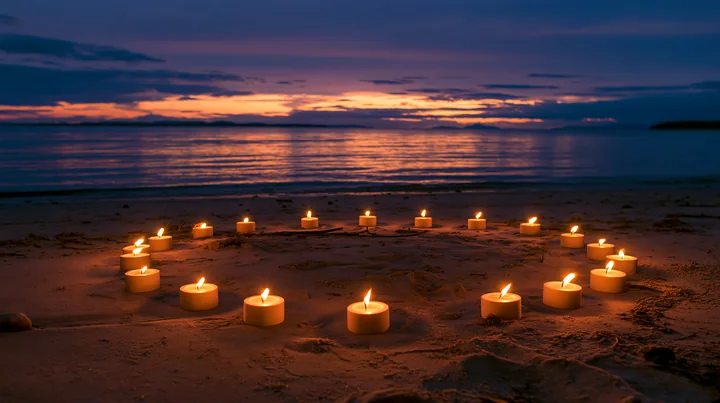 Candles arranged in a circle on a sandy beach illuminate the scene as the sun sets over the water.
