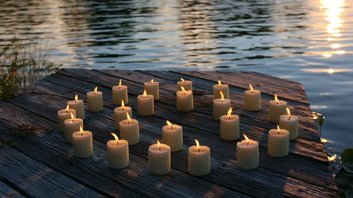 Candles arranged in a circle sit on a wooden platform next to the water.