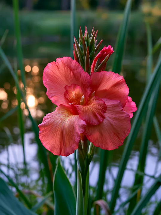 Canna lily flowers bloom beside a pond, showcasing bright colors against green leaves.
