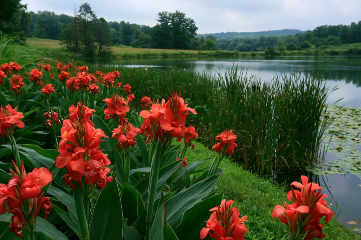 Canna lily flowers by pond show vibrant red blooms near calm waters surrounded by green plants and trees.
