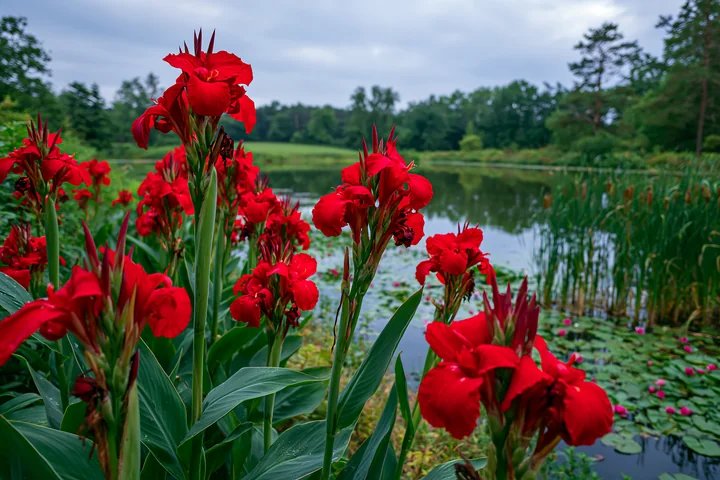Canna lily flowers grow near a pond surrounded by green plants and trees.