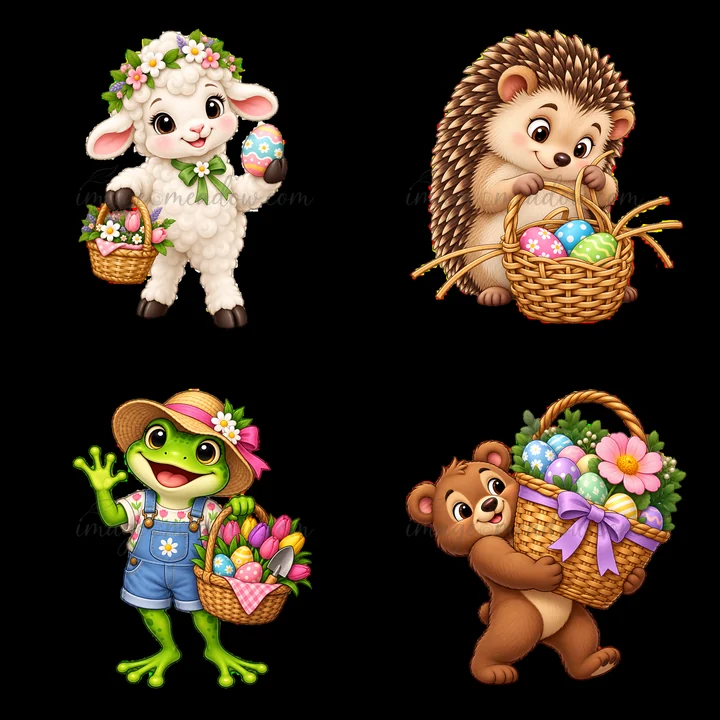 Four cartoon characters are collecting Easter eggs in baskets. A sheep, hedgehog, frog, and bear are shown with colorful eggs and flowers. The scene represents