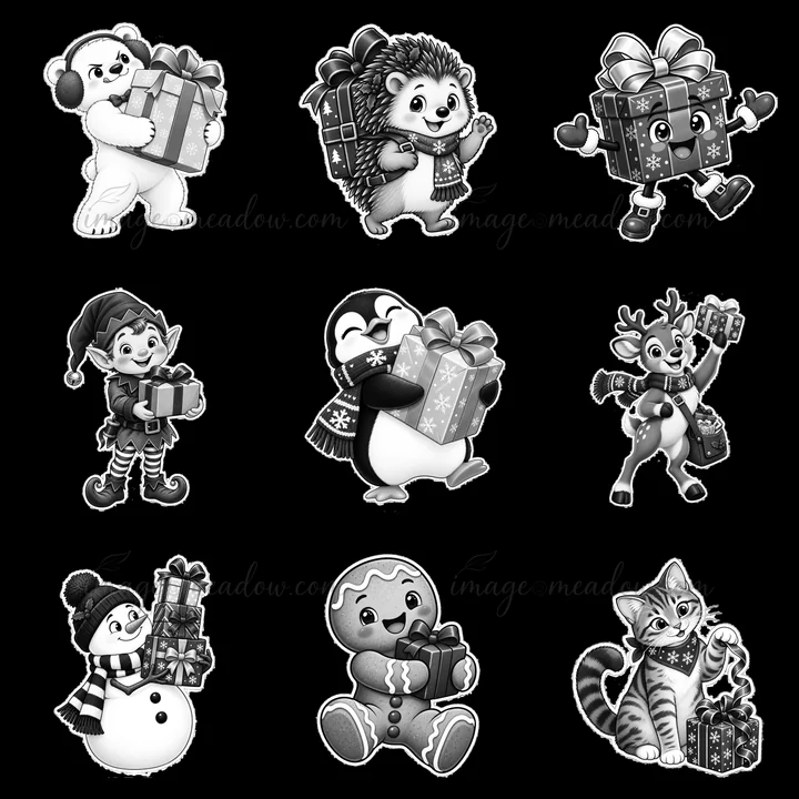 Nine cartoon characters display a variety of Christmas gifts. A polar bear, hedgehog, penguin, elf, reindeer, snowman, gingerbread man, and cat share holiday jo