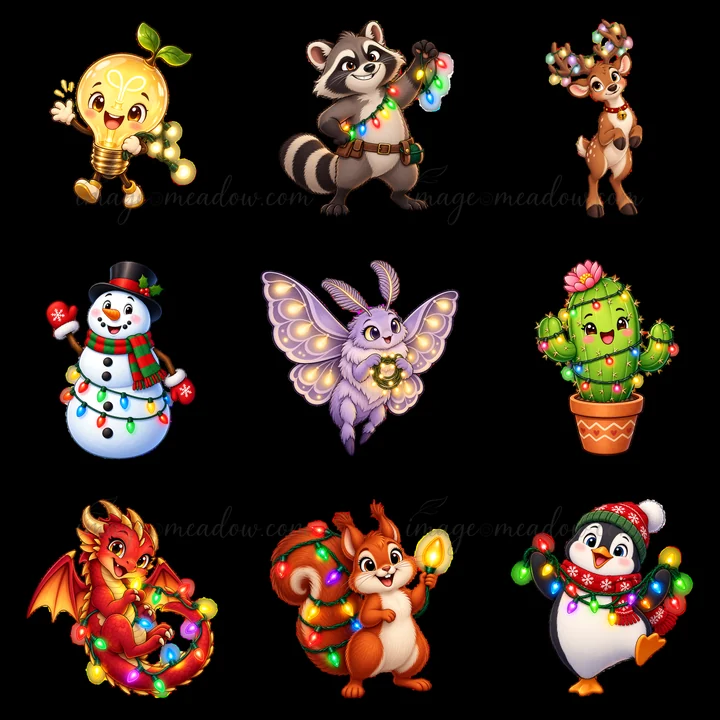 Nine cartoon characters are holding string lights, arranged in a 3x3 grid. The characters include a lightbulb, raccoon, deer, snowman, moth, cactus, dragon, squ