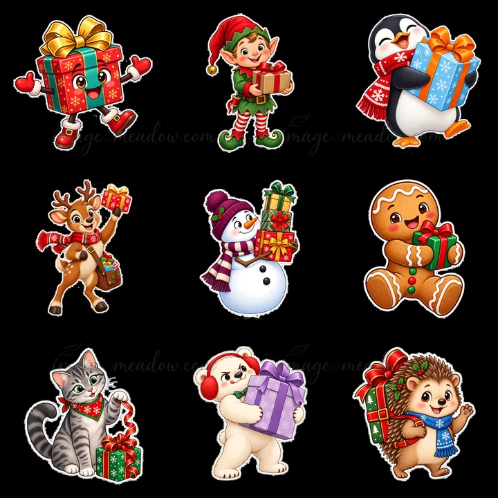 Nine colorful cartoon characters celebrate Christmas by holding gifts. An elf, penguin, reindeer, snowman, gingerbread, cat, polar bear, and hedgehog pose joyfu