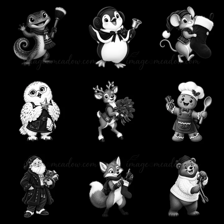 A collection of nine cartoon animals engaged in festive activities near a fireplace. Each character holds holiday items like bells, stockings, or gifts, showcas