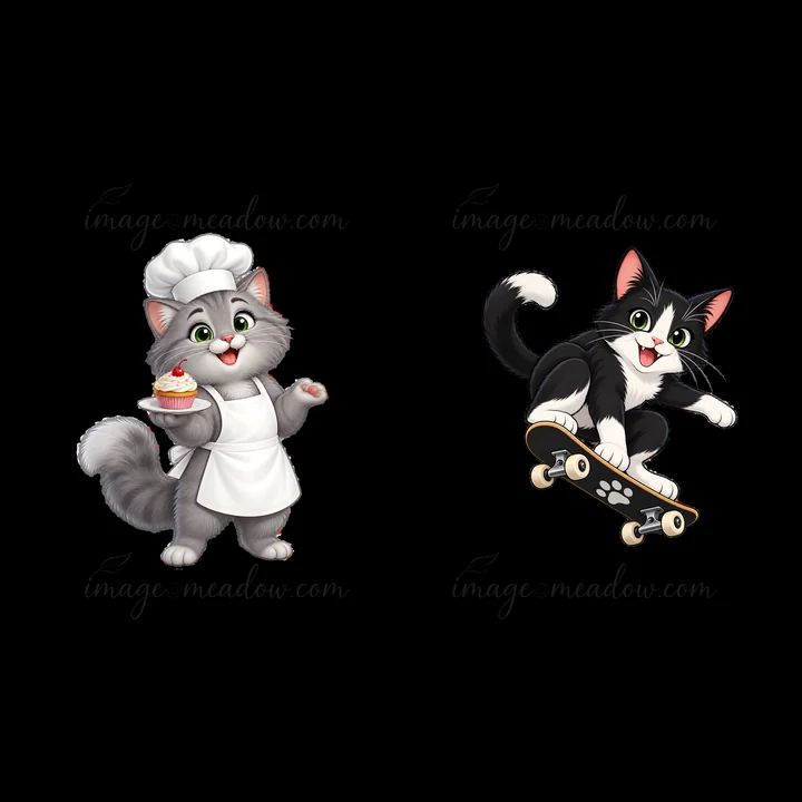 Two cartoon cats show their personalities. One cat wears a chef hat and apron, holding a cupcake, while the other cat performs tricks on a skateboard. The two c