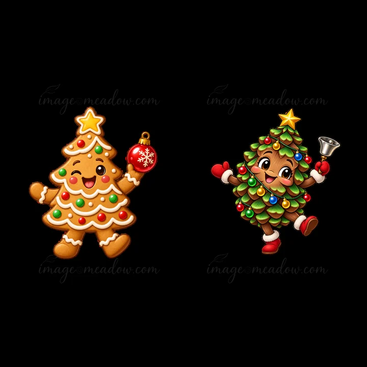 Two cartoon stickers show joyful Christmas trees. One tree holds a red ornament and wears a smile, while the other holds a bell. Both are decorated with colorfu