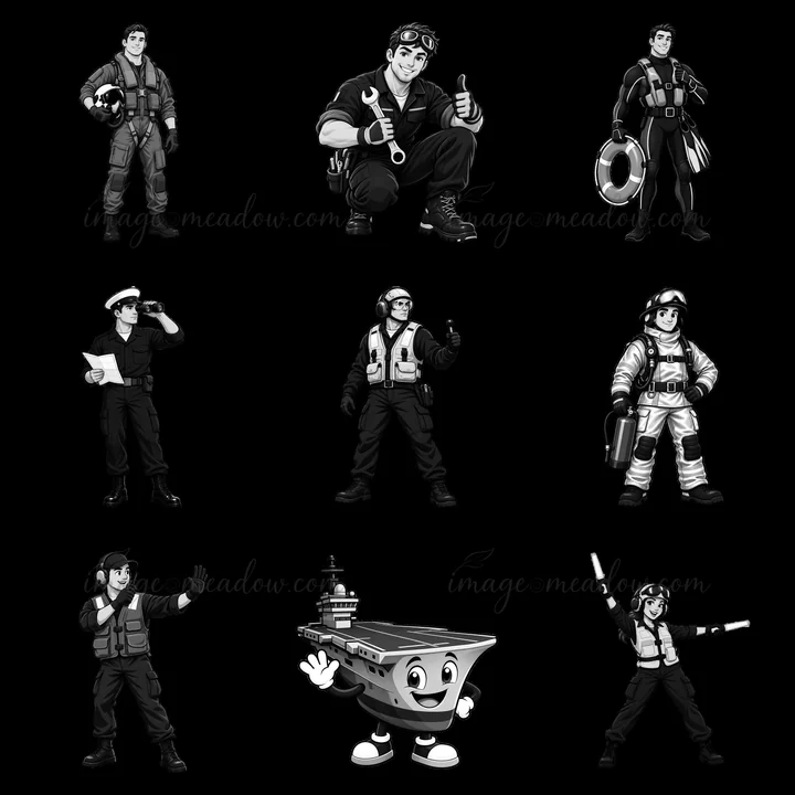 Nine cartoon character stickers feature various crew members related to an aircraft carrier. The collection includes pilots, mechanics, and a cartoon aircraft c