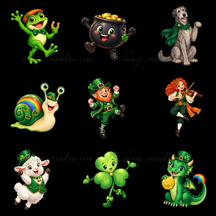 A grid of nine cartoon stickers shows festive characters. A frog, a pot of gold, a dog, a rainbow snail, a dancing leprechaun, a girl with a violin, a sheep, a