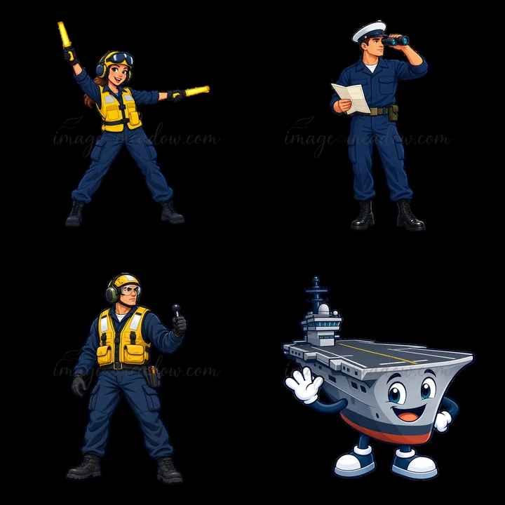 Four cartoon characters are positioned on an aircraft carrier. Two are crew members in uniforms with tools, while a third is a smiling aircraft carrier characte